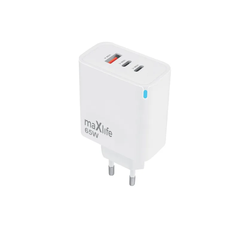 Maxlife MXTC-09-65ACC GaN hálózati gyorstöltő – 65W, 2× USB-C PD + 1× USB-A QC, fehér