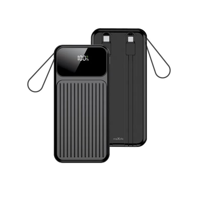 Maxlife MXPB-06 Beépített Kábeles Power Bank – 10000 mAh PD QC 22,5W Gyors töltő, Fekete